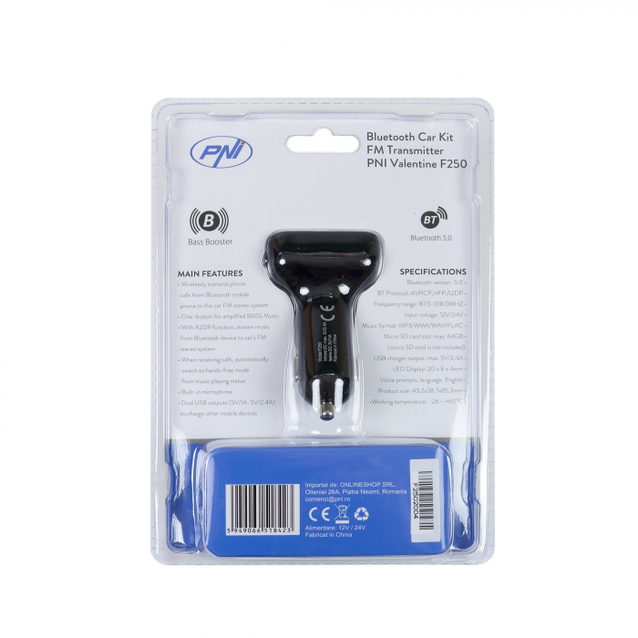 Modulator FM PNI Valentine F250 Bluetooth 5.0, MP3 player, transmitator FM, slot micro SD, port USB dual, incarcare rapida dispozitive mobile, buton super bass [2]