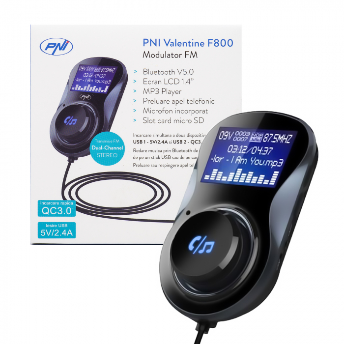 Modulator FM PNI Valentine F800 Bluetooth, MP3 player, transmitator FM, slot micro SD, dual USB, QC3.0 [7]