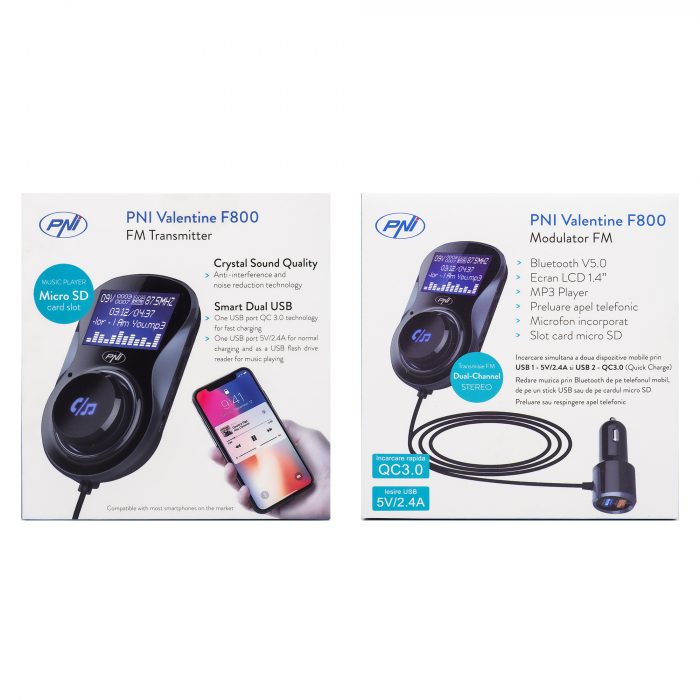 Modulator FM PNI Valentine F800 Bluetooth, MP3 player, transmitator FM, slot micro SD, dual USB, QC3.0 [10]