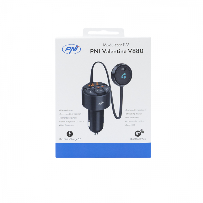 Modulator FM PNI Valentine V880 cu microfon, Bluetooth 5.0, MP3 player, transmitator FM, port USB dual, incarcare rapida dispozitive mobile prin QC3.0, compatibil cu Siri si Google Assistant [2]
