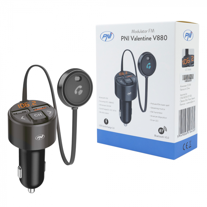 Modulator FM PNI Valentine V880 cu microfon, Bluetooth 5.0, MP3 player, transmitator FM, port USB dual, incarcare rapida dispozitive mobile prin QC3.0, compatibil cu Siri si Google Assistant [8]