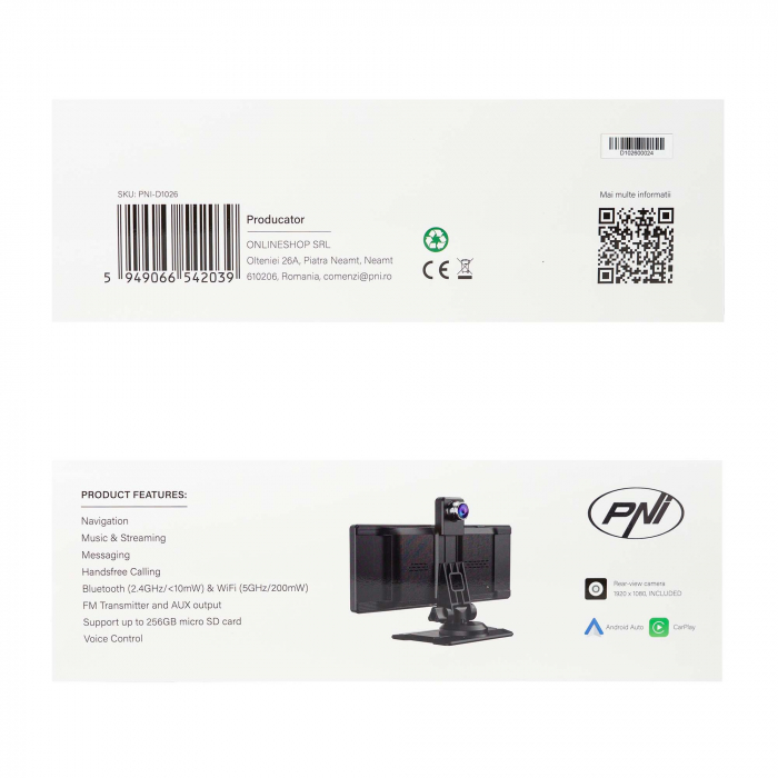 Monitor auto cu DVR PNI D1026 10.26 inch, wireless Carplay, navigatie, muzica, handsfree, bluetooth, FM transmitter [2]