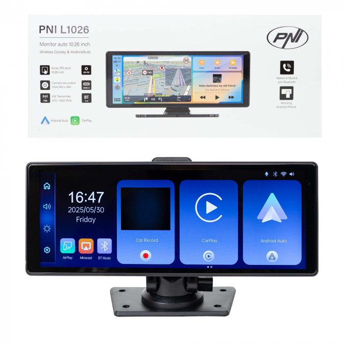 Monitor auto PNI L1026 10.26 inch, wireless Carplay, navigatie, muzica, handsfree, bluetooth, FM transmitter [2]