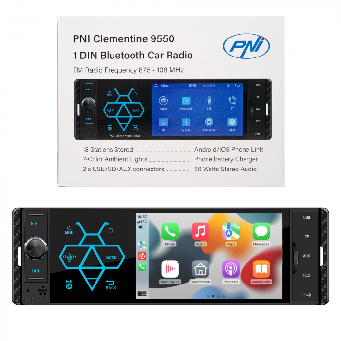 MP5 player auto PNI Clementine 9550 1DIN display 4 inch 50Wx4, Bluetooth, radio FM, Carplay, functie RDS [12]