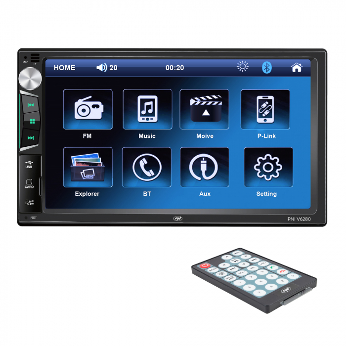 Multimedia player auto MP3/MP4/MP5 cu Bluetooth, functie MirrorLink Android/iOS, radio FM, intrare AUX, redare fisiere audio si video. [7]