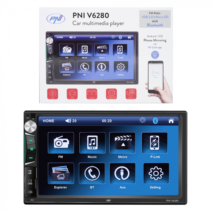 Multimedia player auto MP3/MP4/MP5 cu Bluetooth, functie MirrorLink Android/iOS, radio FM, intrare AUX, redare fisiere audio si video. [6]