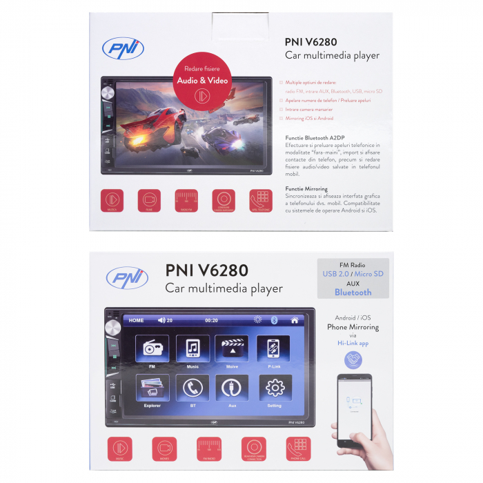 Multimedia player auto PNI V6280 cu touchscreen, functie Bluetooth, functie Mirror Link Android/iOS USB, slot micro SD, intrare AUX, 2 DIN, intrare camera marsarier [7]
