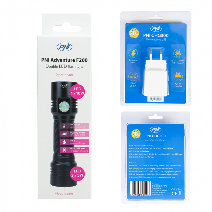 Pachet lanterna dubla PNI Adventure F200 din aluminiu cu LED, acumulator 4000mAh, 3 LED-uri cu deschidere mare si unul cu focus si alimentator PNI CHG300 cu port USB C, QC3.0, PD3.0, PPS si port USB-A [9]