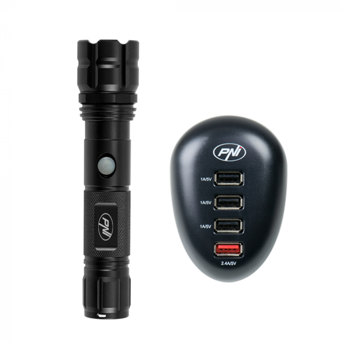 Pachet lanterna PNI Adventure F10 6W, 500lm, raza pana la 200m, focus si incarcator USB PNI HC41, 4 porturi USB [3]