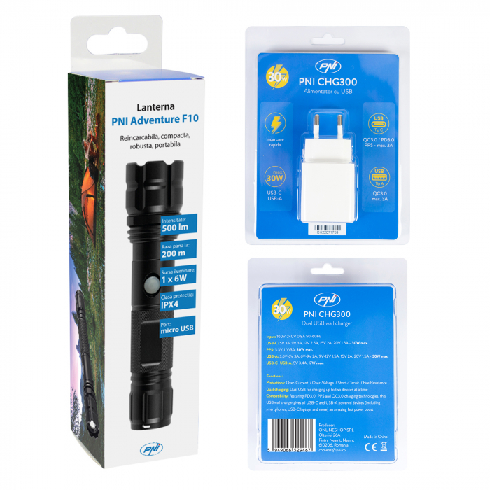 Pachet lanterna PNI Adventure F10 din aluminiu cu LED 6W, 500lm pana la 200m focus, cu acumulator si alimentator PNI CHG300 cu port USB C, QC3.0, PD3.0, PPS si port USB-A, 30W [11]