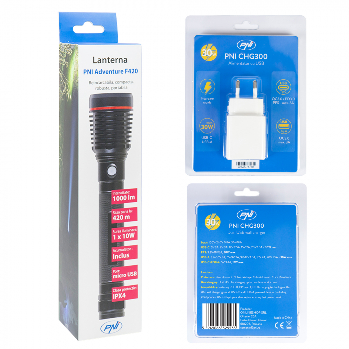 Pachet lanterna PNI Adventure F420 din aluminiu cu LED 10W, 1000lm, pana la 420m, cu 2 acumulatori inclusi, 8000 mAh tip 26650 si alimentator PNI CHG300 cu port USB C, QC3.0, PD3.0, PPS si port USB-A, [10]