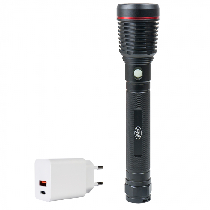 Pachet lanterna PNI Adventure F420 din aluminiu cu LED 10W, 1000lm, pana la 420m, cu 2 acumulatori inclusi, 8000 mAh tip 26650 si alimentator PNI CHG300 cu port USB C, QC3.0, PD3.0, PPS si port USB-A, [9]