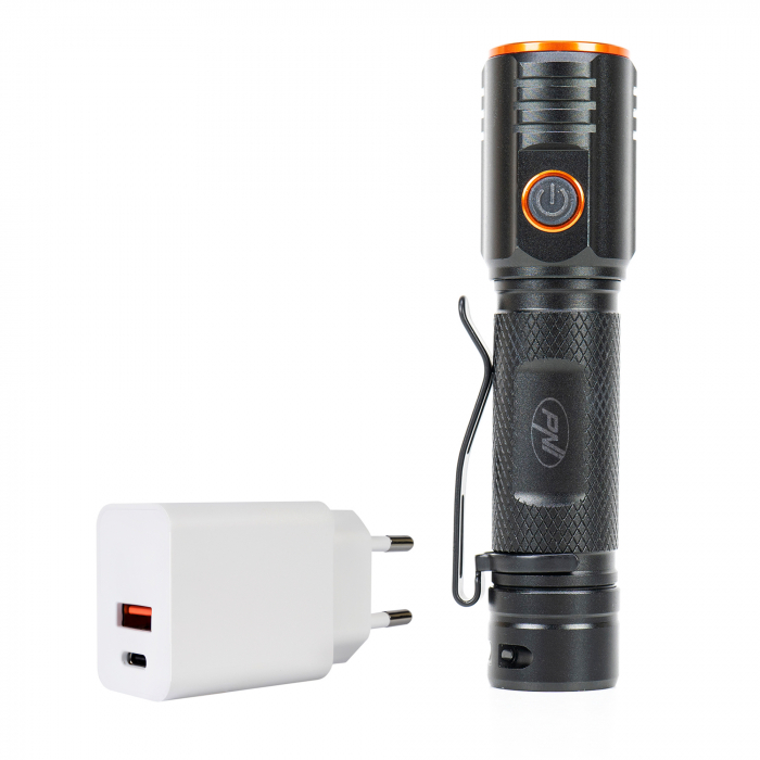 Pachet lanterna PNI Adventure F650 cu LED 20W, 2000 lm, din aluminiu, IPX6, acumulator inclus si alimentator PNI CHG300 cu port USB C, QC3.0, PD3.0, PPS si port USB-A, 30W [1]