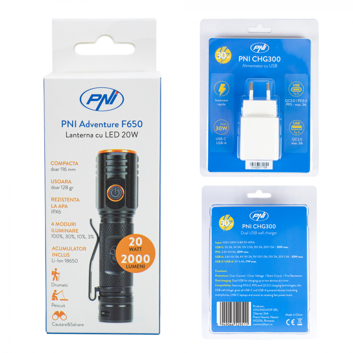 Pachet lanterna PNI Adventure F650 cu LED 20W, 2000 lm, din aluminiu, IPX6, acumulator inclus si alimentator PNI CHG300 cu port USB C, QC3.0, PD3.0, PPS si port USB-A, 30W [11]