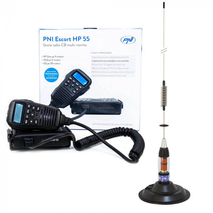 Pachet Statie radio CB PNI Escort HP 55 ASQ cu Antena CB PNI ML70 si baza magnetica 145 mm inclusa [1]