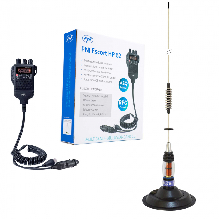 Pachet Statie radio CB PNI Escort HP 62, ASQ, RF Gain si Antena CB PNI ML70 cu baza magnetica 145 mm inclusa [1]