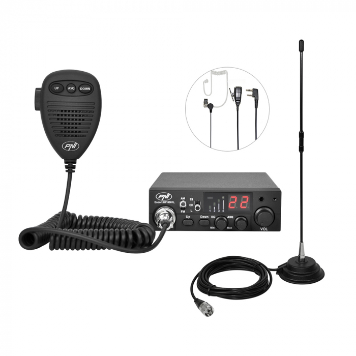 Pachet statie radio CB PNI ESCORT HP 8001L ASQ 4W 12V, 40 canale + Antena CB PNI Extra 40 cu magnet inclus, lungime 45 cm, 30W [1]