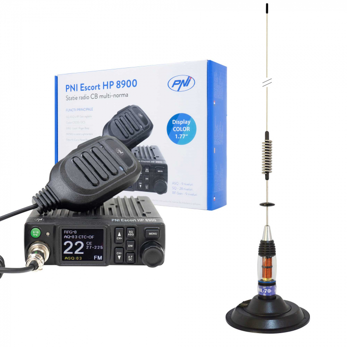 Pachet Statie radio CB PNI Escort HP 8900 ASQ, 12-24V + Antena CB PNI ML70, 70 cm cu baza magnetica 145 mm inclusa [1]