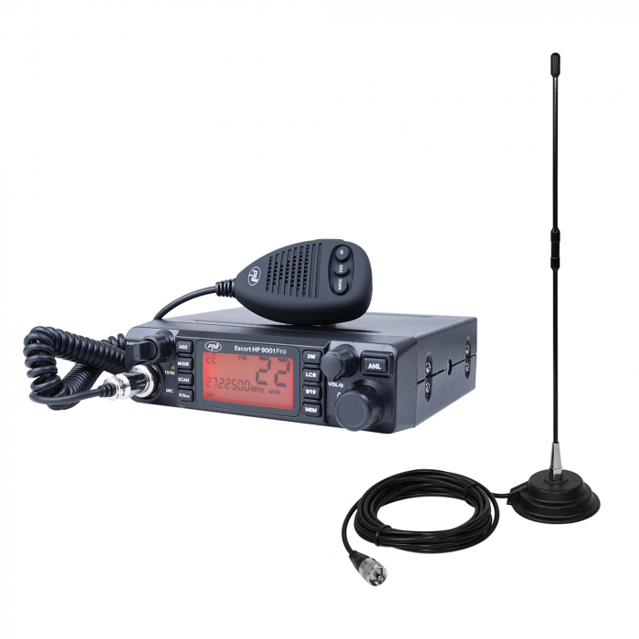 Pachet Statie radio CB PNI ESCORT HP 9001 PRO ASQ reglabil, AM-FM, 12V/24V, 4W + Antena CB PNI Extra 40 cu magnet, 30W, 26-30MHz, SWR 1.0, fibra de sticla [1]