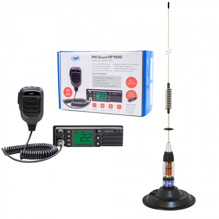 Pachet Statie radio CB PNI Escort HP 9500, ASQ, 12-24V + Antena CB PNI ML70, 70 cm cu baza magnetica 145 mm inclusa [1]