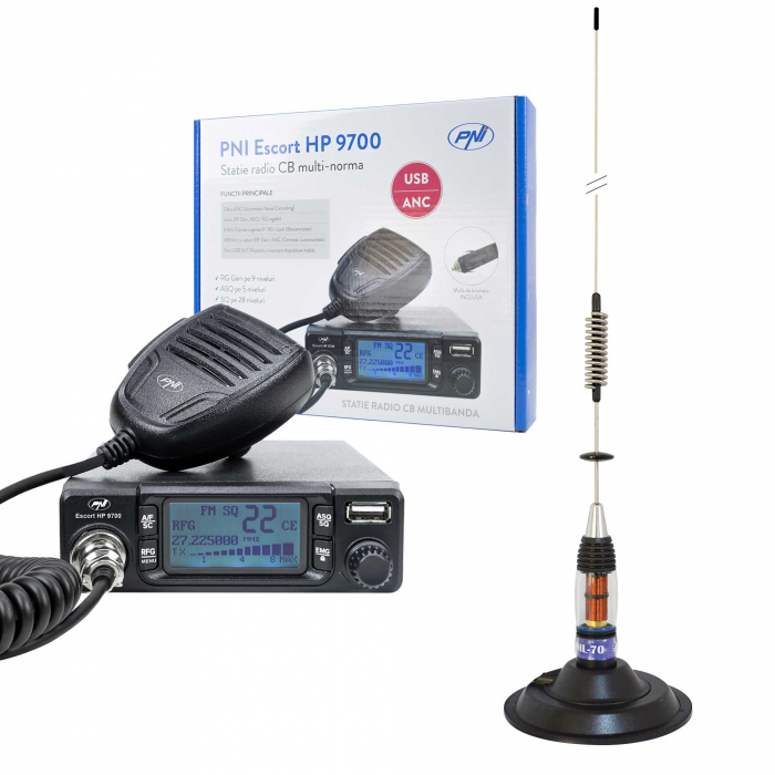 Pachet Statie radio CB PNI Escort HP 9700 USB si Antena CB PNI ML70 cu baza magnetica 145 mm inclusa [1]