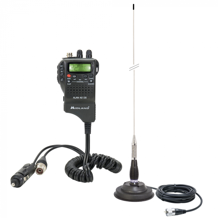Pachet statie radio CB portabila Midland Alan 42 DS, cu Squelch Automat Digital, 12V + Antena CB PNI ML100, lungime 100 cm, 26-30MHz, magnet 125mm inclus [8]