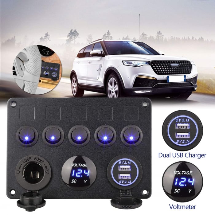Panou comutator auto pentru încorporare cu 5 butoane 12V-24V 2 buc USB 4.2A cu priză de ieșire 12V pentru brichetă și voltmetru dublu LED Negru [3]