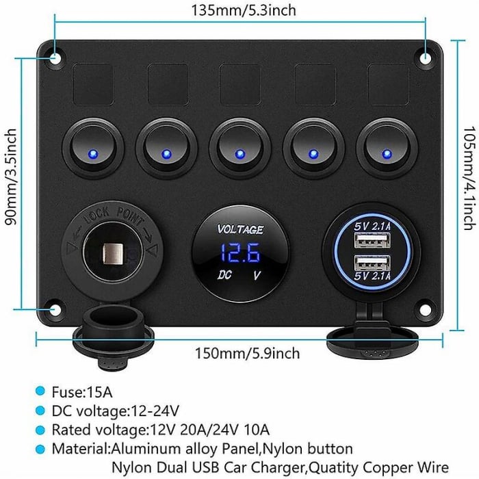Panou comutator auto pentru încorporare cu 5 butoane 12V-24V 2 buc USB 4.2A cu priză de ieșire 12V pentru brichetă și voltmetru dublu LED Negru [10]