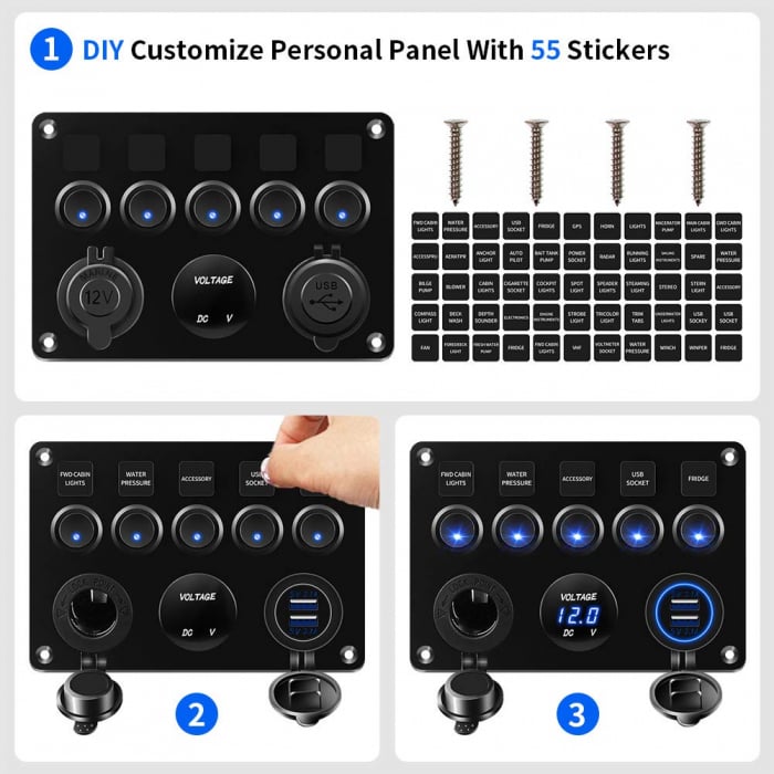 Panou comutator auto pentru încorporare cu 5 butoane 12V-24V 2 buc USB 4.2A cu priză de ieșire 12V pentru brichetă și voltmetru dublu LED Negru [12]