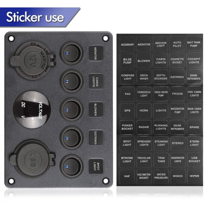 Panou comutator auto pentru încorporare cu 5 butoane 12V-24V 2 buc USB 4.2A cu priză de ieșire 12V pentru brichetă și voltmetru dublu LED Negru [5]