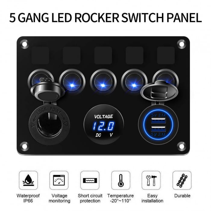 Panou comutator auto pentru încorporare cu 5 butoane 12V-24V 2 buc USB 4.2A cu priză de ieșire 12V pentru brichetă și voltmetru dublu LED Negru [11]