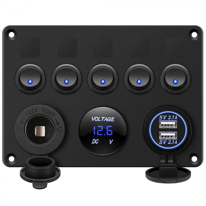 Panou comutator auto pentru încorporare cu 5 butoane 12V-24V 2 buc USB 4.2A cu priză de ieșire 12V pentru brichetă și voltmetru dublu LED Negru [8]