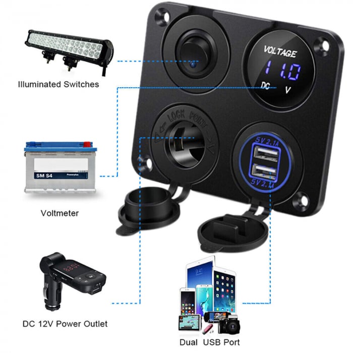 Panou comutator auto pentru încorporare cu 5 butoane 12V-24V 2 buc USB 4.2A cu priză de ieșire 12V pentru brichetă și voltmetru dublu LED Negru [14]