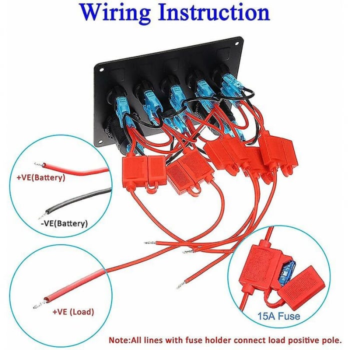 Panou comutator auto pentru încorporare cu 5 butoane 12V-24V 2 buc USB 4.2A cu priză de ieșire 12V pentru brichetă și voltmetru dublu LED Negru [9]
