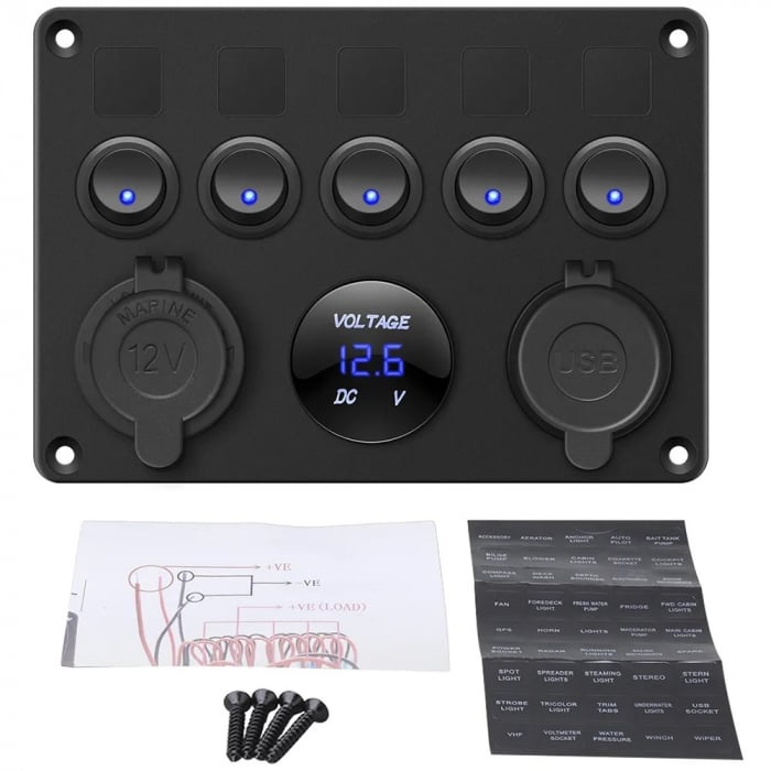 Panou comutator auto pentru încorporare cu 5 butoane 12V-24V 2 buc USB 4.2A cu priză de ieșire 12V pentru brichetă și voltmetru dublu LED Negru [7]