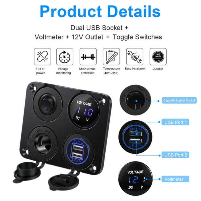Panou comutator auto pentru încorporare cu 5 butoane 12V-24V 2 buc USB 4.2A cu priză de ieșire 12V pentru brichetă și voltmetru dublu LED Negru [13]