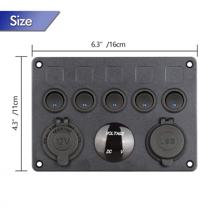 Panou comutator auto pentru încorporare cu 5 butoane 12V-24V 2 buc USB 4.2A cu priză de ieșire 12V pentru brichetă și voltmetru dublu LED Negru [4]