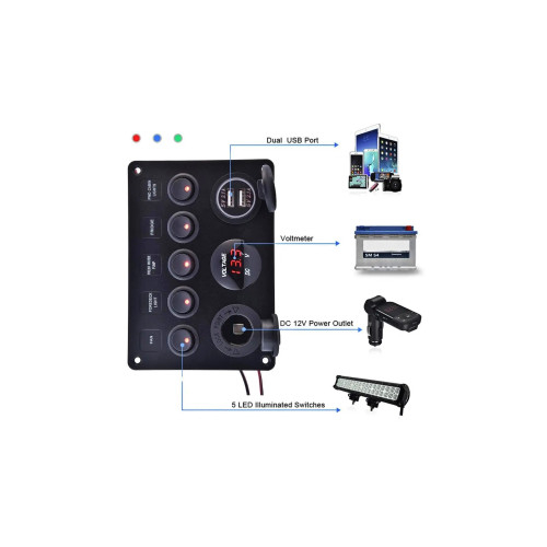Panou de comutatoare cu priză, voltmetru, 5 întrerupătoare și port USB 12V 20A [4]
