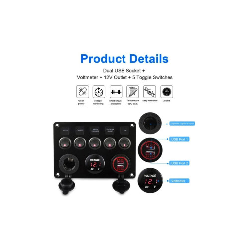 Panou de comutatoare cu priză, voltmetru, 5 întrerupătoare și port USB 12V 20A [3]