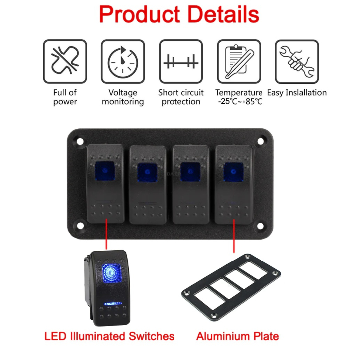 Panou universal cu 4 intrerupatoare ON/OFF cu iluminare LED 12V-24V [10]