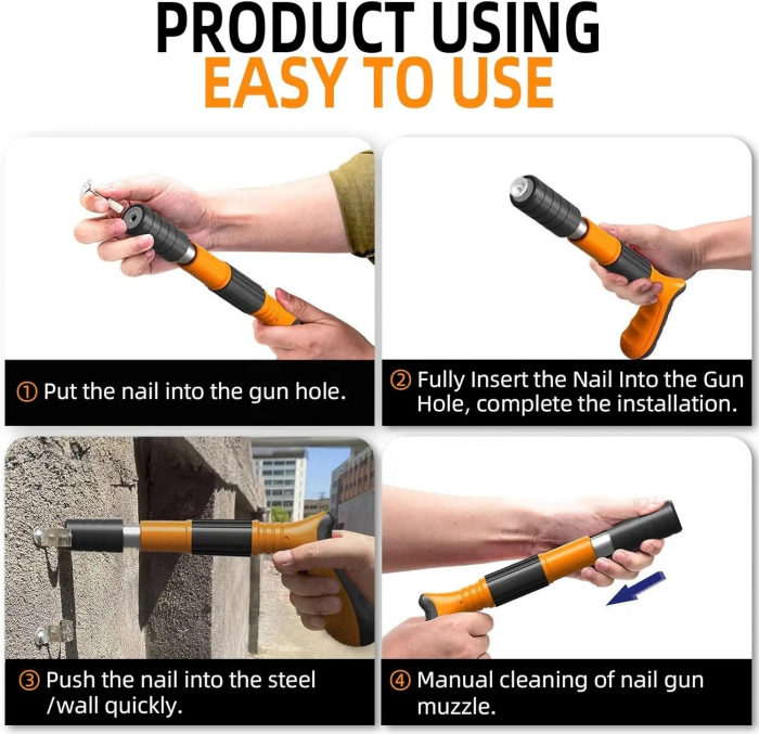 Pistol pneumatic mini pentru cuie de perete, 30 cm, calibru 7,3 cm, cu accesorii și cutie de transport, portocaliu [7]