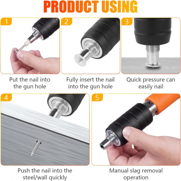 Pistol pneumatic mini pentru cuie de perete, 30 cm, calibru 7,3 cm, cu accesorii și cutie de transport, portocaliu [4]