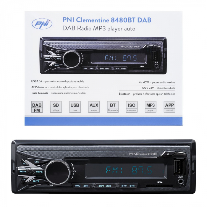 Radio Mp3 Player Auto Dab Si Rds Pni Clementine 8480Bt 4X45W, 12/24V, Cu Sd, Usb, Aux, Rca, Bluetooth Si Usb 1.5A [15]