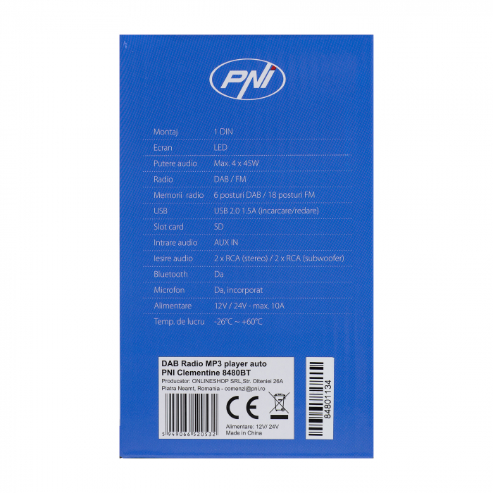 Radio Mp3 Player Auto Dab Si Rds Pni Clementine 8480Bt 4X45W, 12/24V, Cu Sd, Usb, Aux, Rca, Bluetooth Si Usb 1.5A [2]