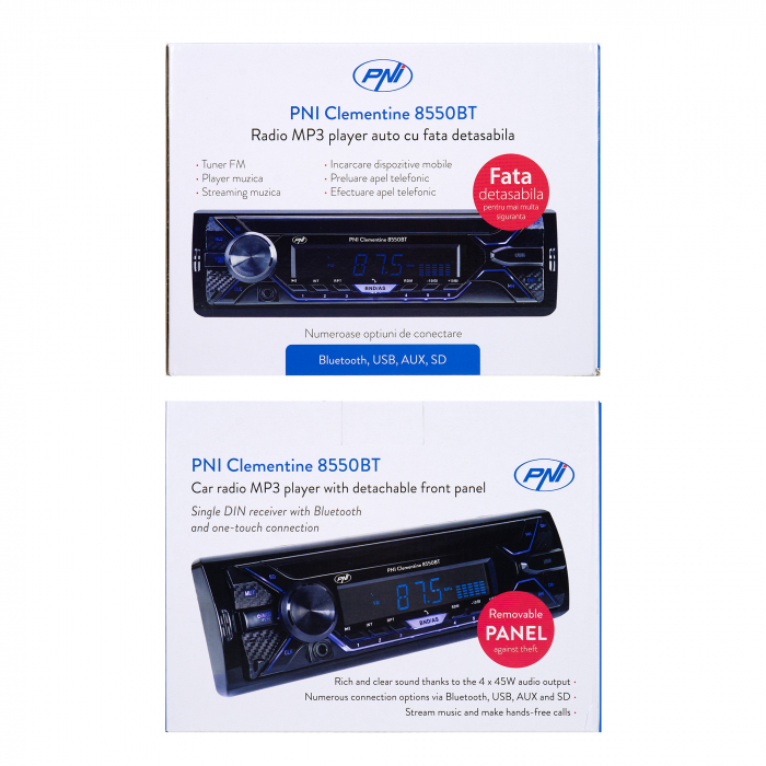 Radio MP3 player auto PNI Clementine 8550BT, fata detasabila, 4x45w, 12V, 1 DIN, cu SD, USB, AUX, RCA [4]