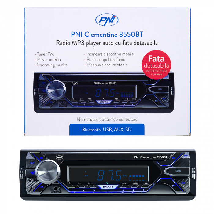 Radio Mp3 Player Auto Pni Clementine 8550Bt, Fata Detasabila, 4X45W, 12V, 1 Din, Cu Sd, Usb, Aux, Rca [1]