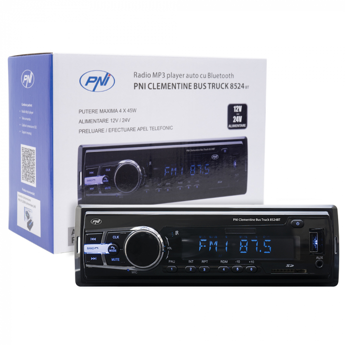 Radio MP3 player auto PNI Clementine Bus Truck 8524BT RDS 4x45w 12V/24V 1 DIN cu SD, USB, AUX, RCA si Bluetooth [6]
