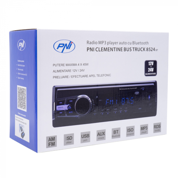Radio MP3 player auto PNI Clementine Bus Truck 8524BT RDS 4x45w 12V/24V 1 DIN cu SD, USB, AUX, RCA si Bluetooth [4]