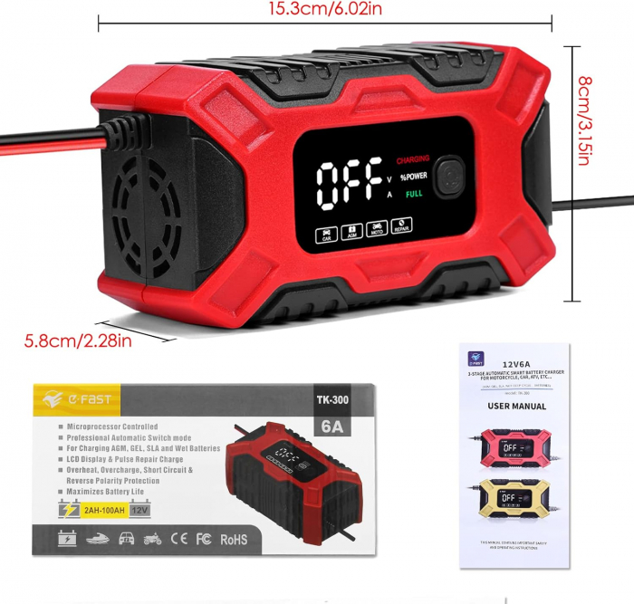 Redresor incarcator auto moto cu ecran LCD, reparare prin impulsuri și moduri de vară/iarnă 12V 6 Amp [9]