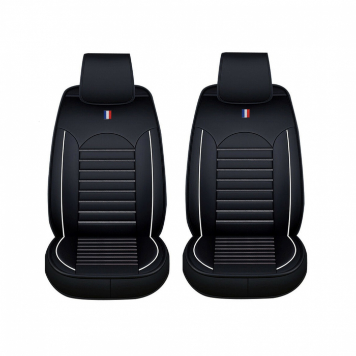Set 1+1 Huse Scaune Auto Flexzon Premium Lux Piele Ecologica, Negru/Albastru [2]